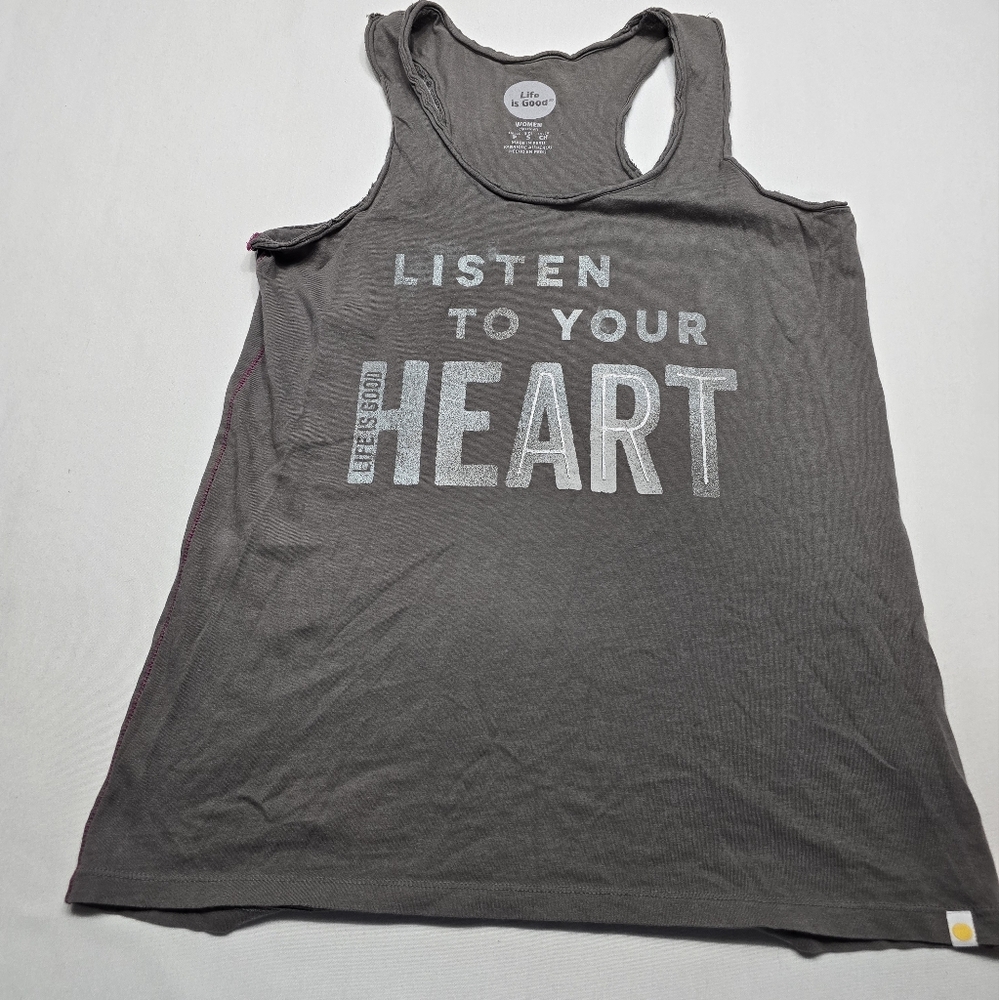 Life Is Good Listen To Your Heart Gray Tank Top with Motivational Print